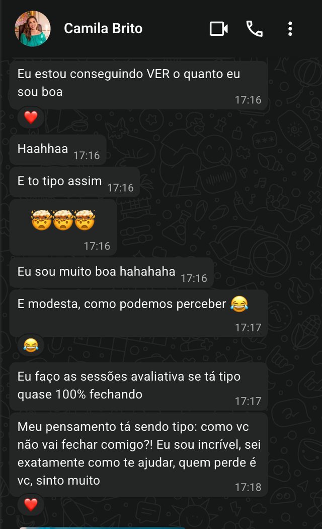 Mensagem de Camila contando o que destravou