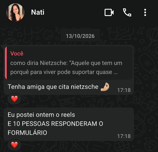 Mensagem de Nati contando o que destravou