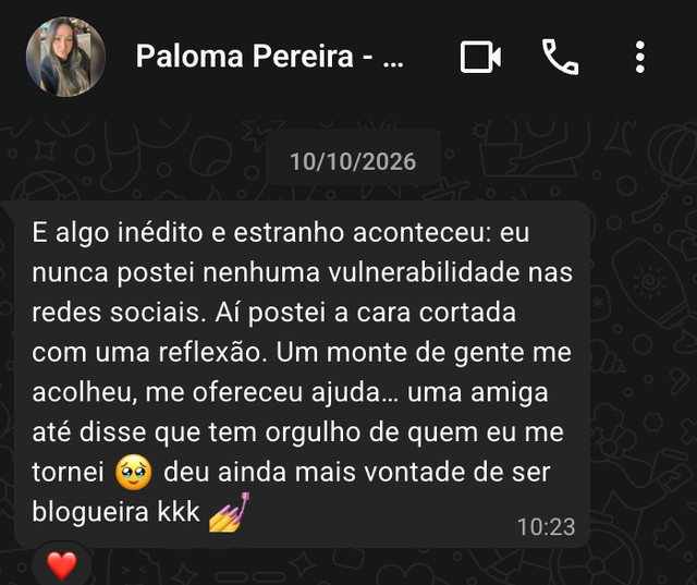 Mensagem de Paloma contando o que destravou